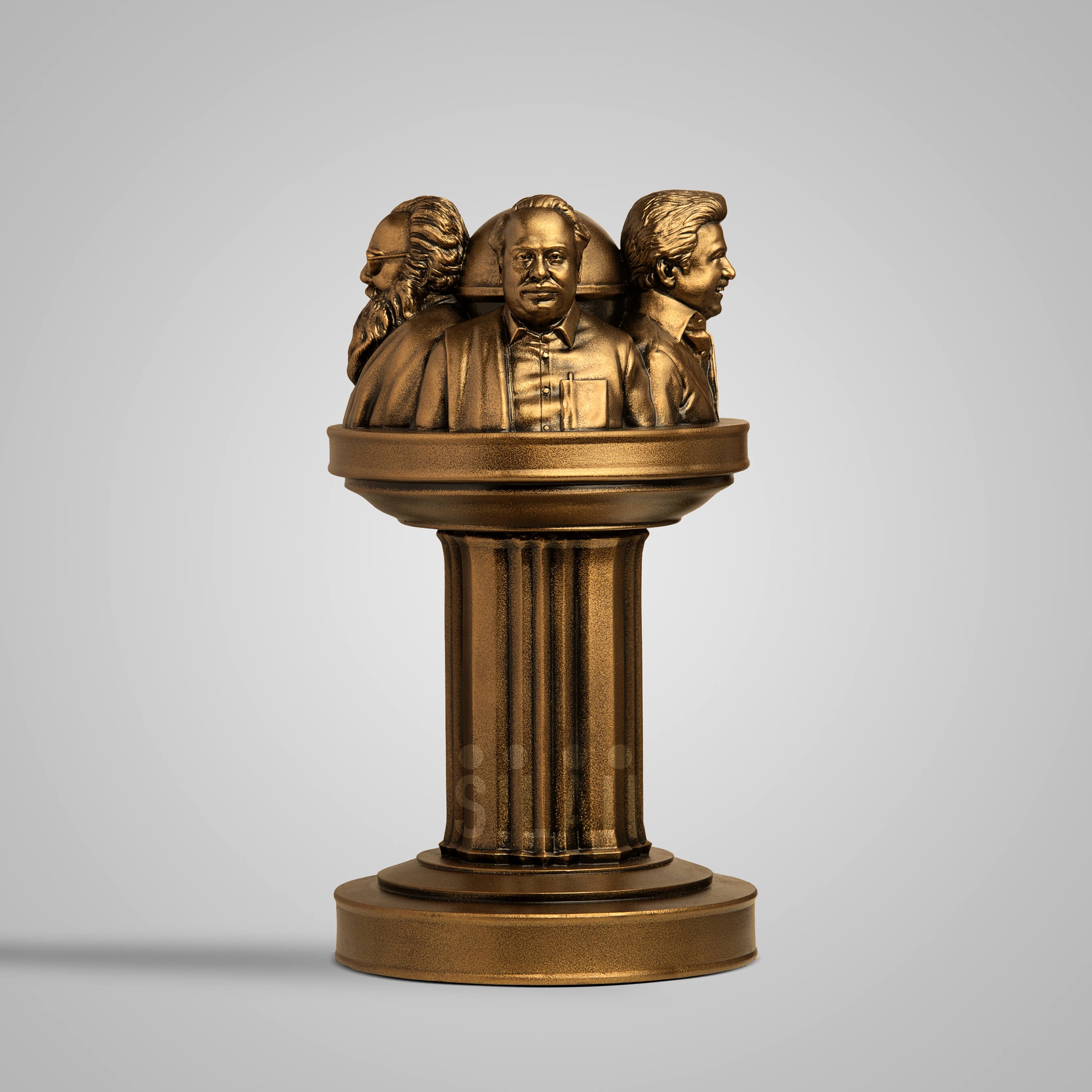 Decorative Dravidian leaders sculpture with four Indian icons in gold finish on a round base