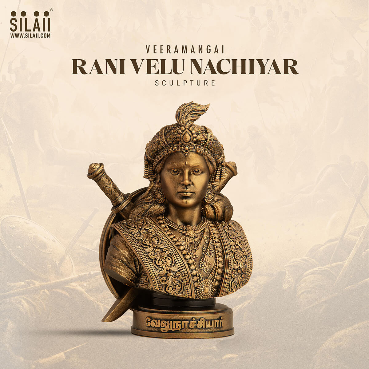 Rani Velu Nachiyar bust sculpture in antique bronze finish, detailed traditional Indian warrior artwork for home decor