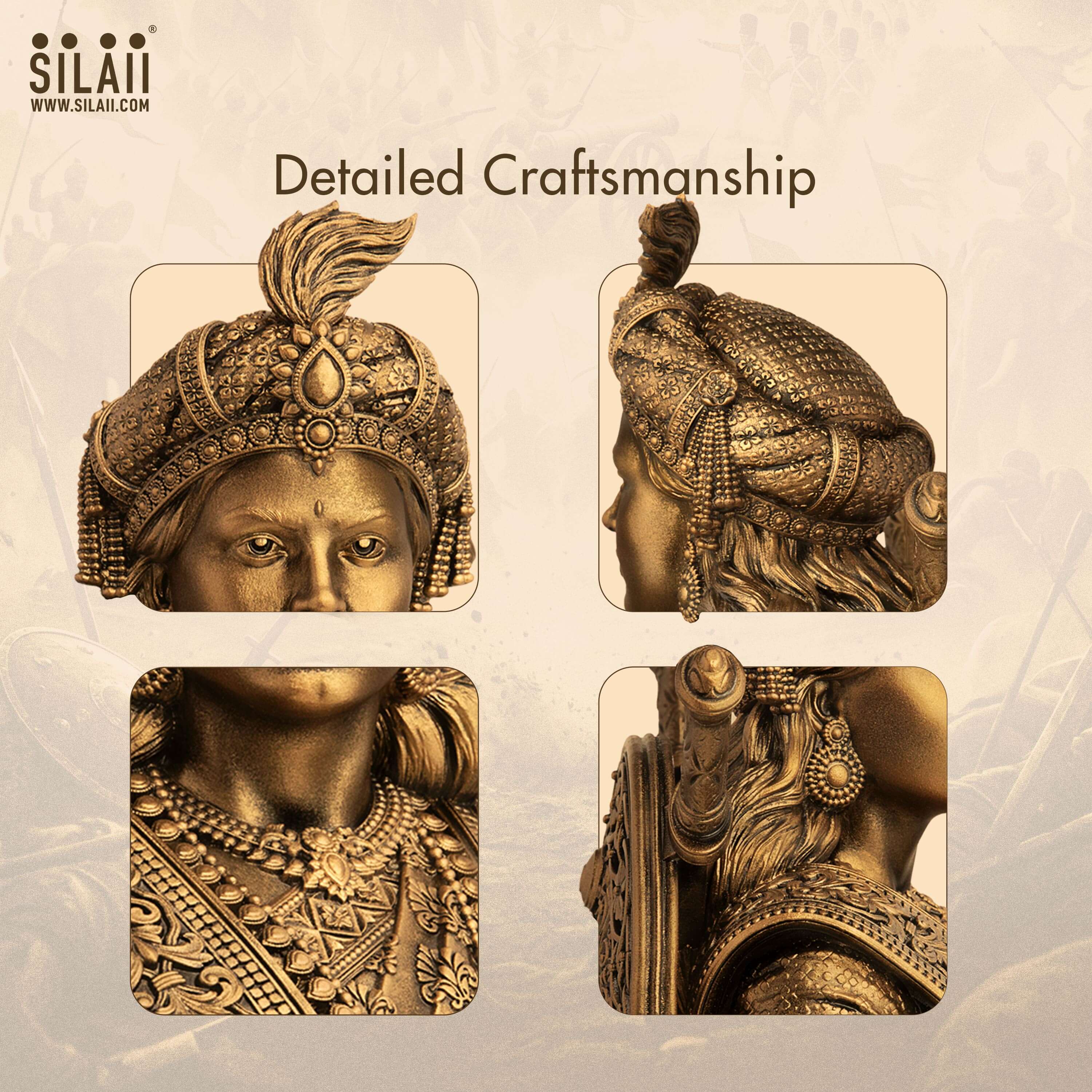 Home decor sculpture of Rani Velu Nachiyar, detailed traditional Indian design in antique bronze, 8 inches tall