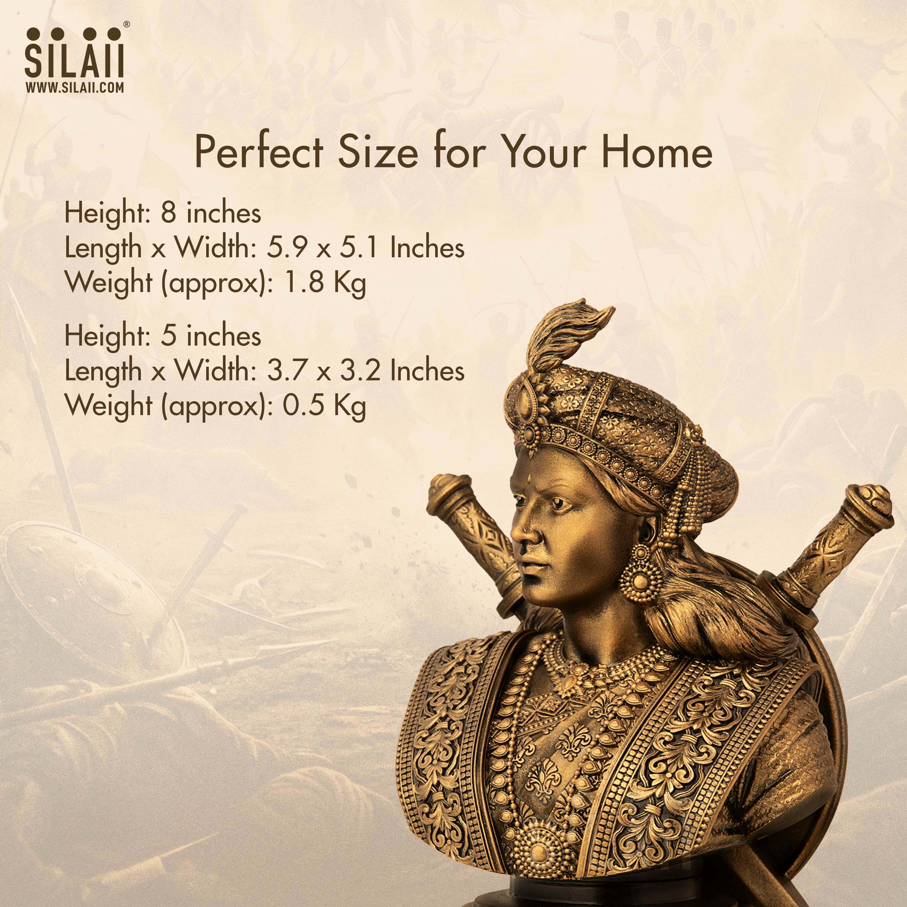 Indian queen sculpture, 8 inches tall, detailed antique bronze finish, perfect for home and garden decor