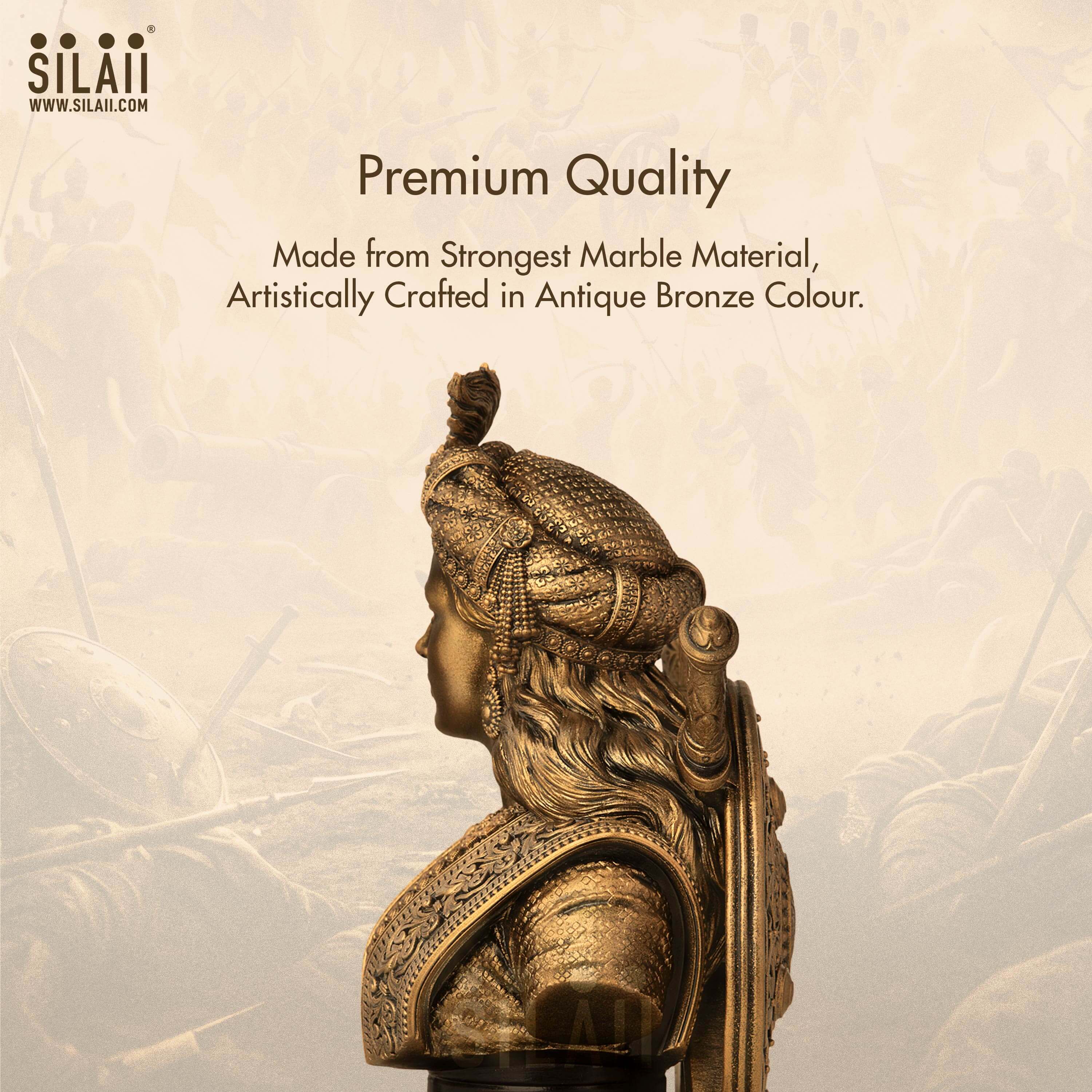 Golden bronze sculpture of Queen Velu Nachiyar with intricate traditional jewelry and attire, detailed craftsmanship