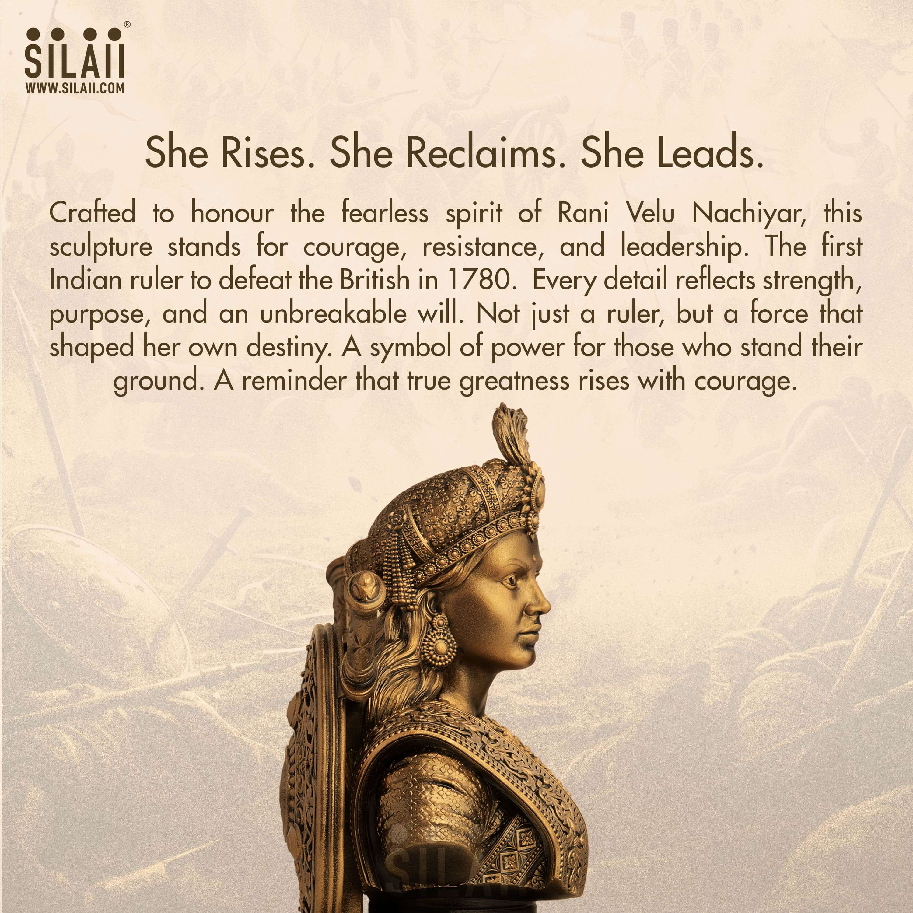 Side profile of Velu Nachiyar sculpture highlighting detailed headgear, hairstyle, and traditional attire in bronze finish