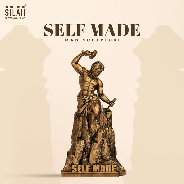Self-Made Man sculpture in antique bronze finish, detailed craftsmanship, motivational office decor